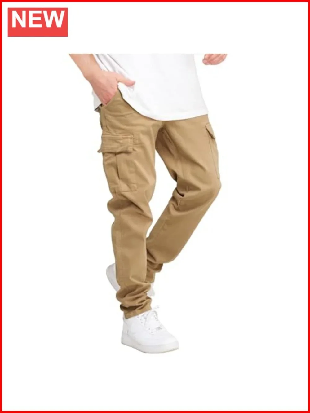 Men's Cargo Pants Cotton Joggers Drawstring Elastic Waist 6 Pockets